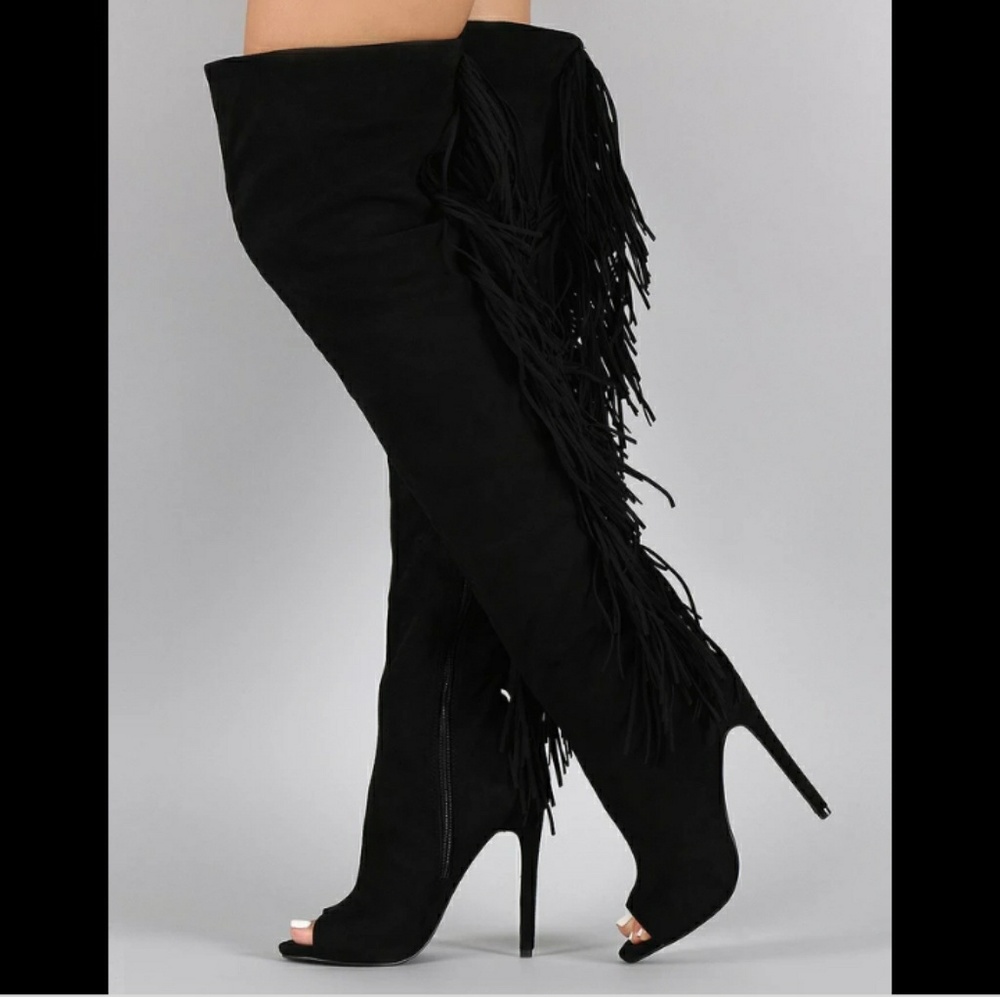 Privileged Faux Suede Fringe Thigh High Boots